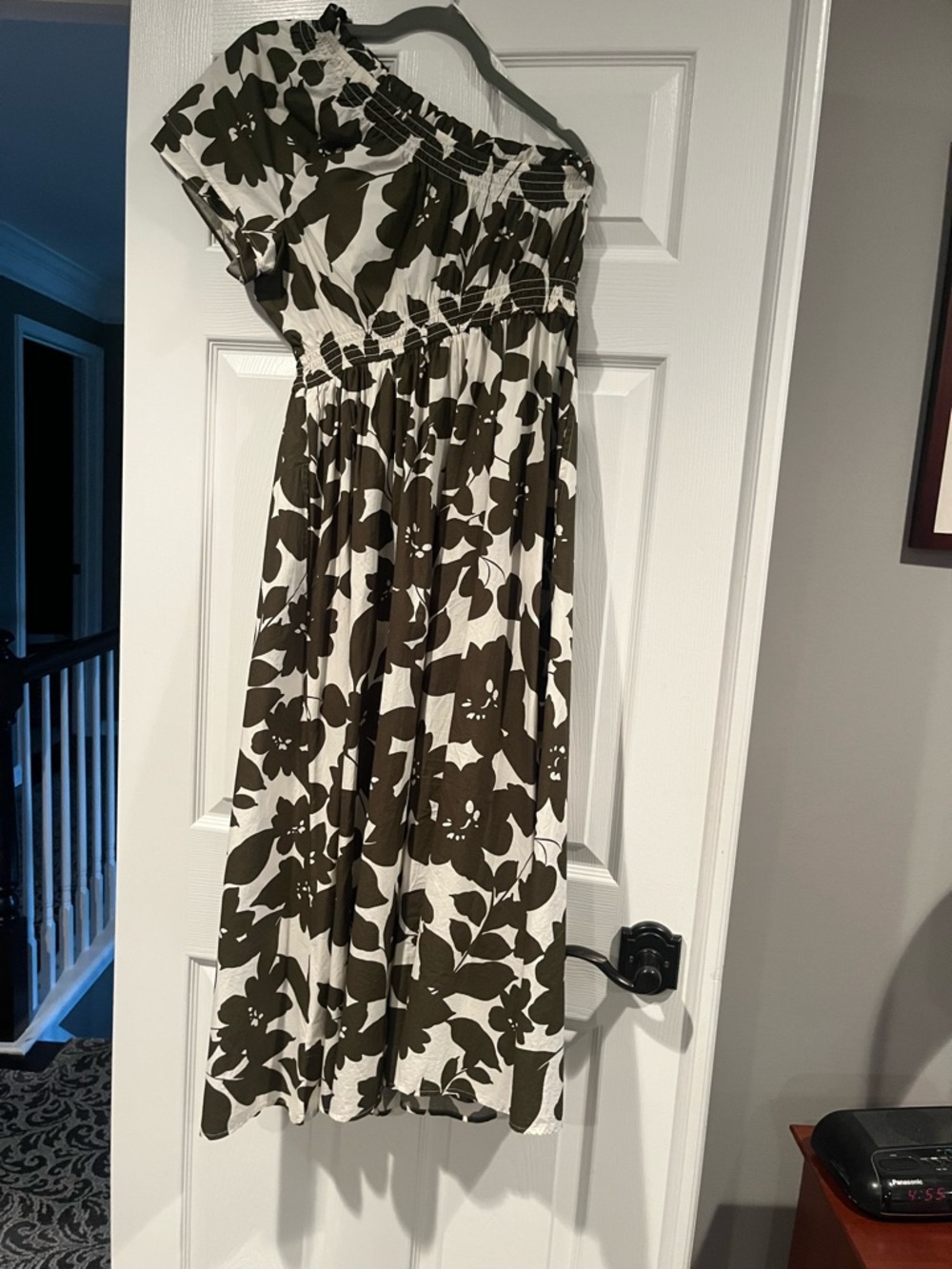 J. Crew One-Shoulder Floral Midi Dress in Olive and White